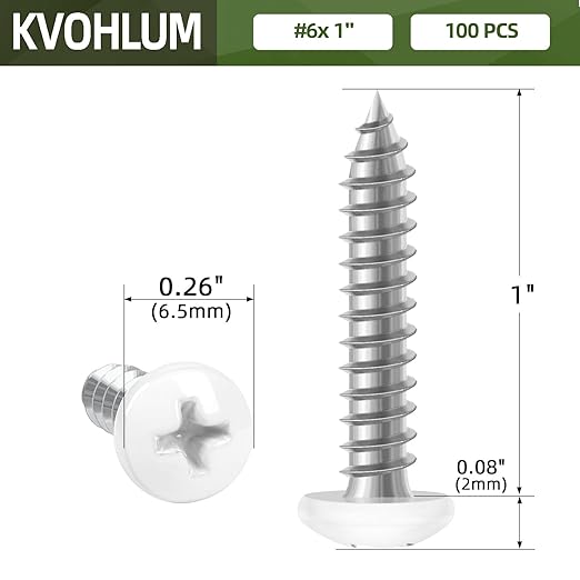 100 PCS #6 x 1 White Head Sheet Metal Screws, Pan Head Phillips Fast Self Tapping Screws, Round Head Wood Screws, Screwdriver Bit Included