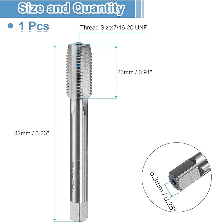 uxcell Hand Bottom Tap 7/16-20 UNF 2B Thread Bottoming Style Threading Taps High Speed Steel HSS6542 Straight Flutes Screw Tapping Tool