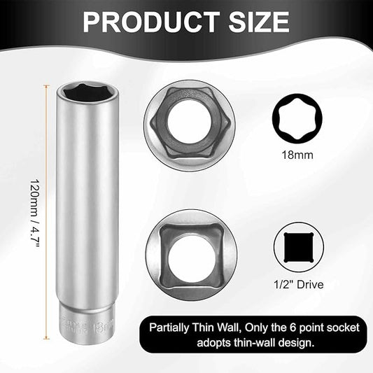 HARFINGTON 2pcs 6 Points Deep Socket 1/2" Drive 18mm Deep Metric CR-V Steel Polished Nickel Plating Flip Sleeve 120mm / 4.7" Extra Long Socket Tool for Home Auto Nuts Bolts Repair