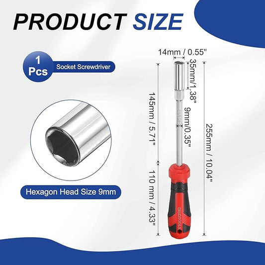 HARFINGTON Metric Nut Driver 9mm CR-V Non-Magnetic Tip Hollow Shafts Hex Socket Screwdriver with Anti-Slip Handle for Automobile Repair Bit Driver