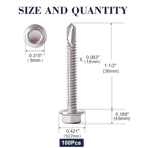 #10 x 1-1/2" Sheet Metal Screws 100PCS 410 Stainless Steel Hex Washer Head Fast Self Tapping Screws by SG TZH