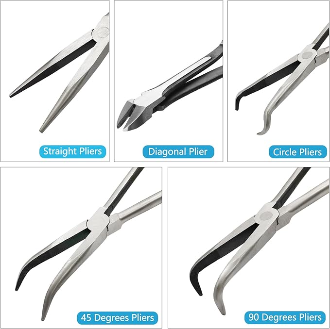 5-Piece 11" Extra Long Needle Nose Pliers Set with Insulated Comfort Grip, Straight Long Reach Plier, 45/90째Bent Nose Pliers,O-shaped nose plier,Diagonal Plier for Bending Shaping Trimming
