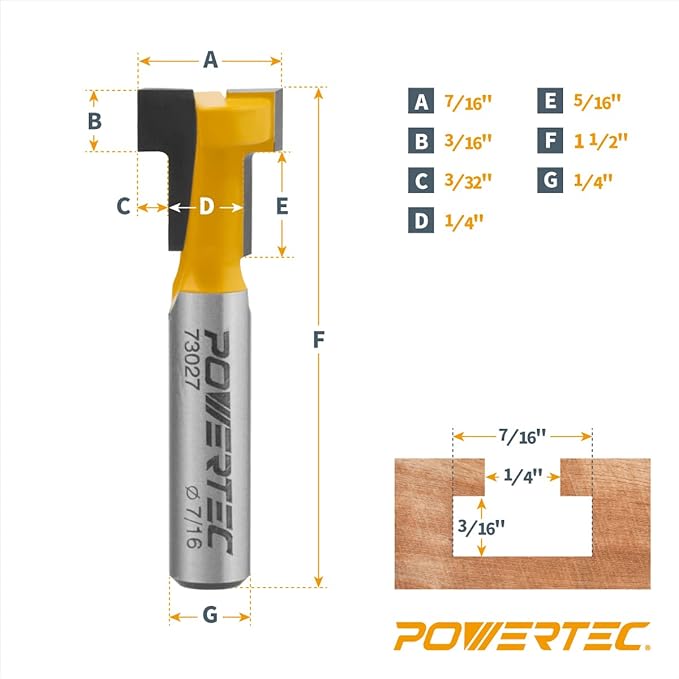 POWERTEC T Track Router Bit, Tungsten Carbide Tipped Router Bit, 1/4 Shank, 7/16" Dia., Slatwall, T Slot for Picture Frames, Plaque, Compatible with 1/4" Hex Bolts (73027)
