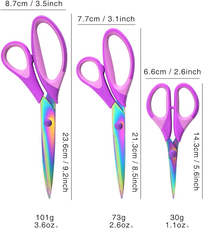 Craft Scissors Set of 3 Pack, All Purpose Sharp Titanium Blades Shears, Comfort Grip Handle, Multipurpose Fabric Scissors Tool Great for Adults, Office, Sewing, School and Home Supplies, Purple