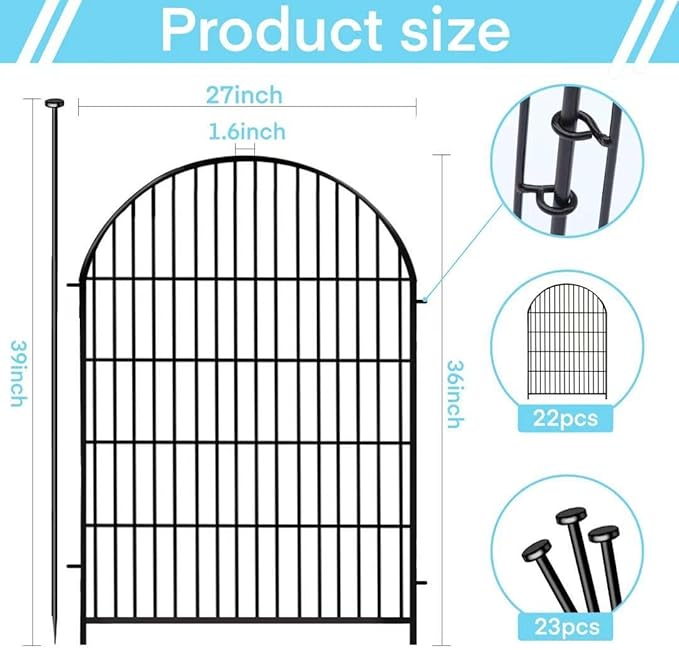 Garden Fence Animal Barrier with Gate, 22 Panels Garden Fencing 36 inch High, Dog Fence Outdoor for Yard, Black Heavy Duty Metal Temporary Fencing, Total 49.5 Ft(L), Arched