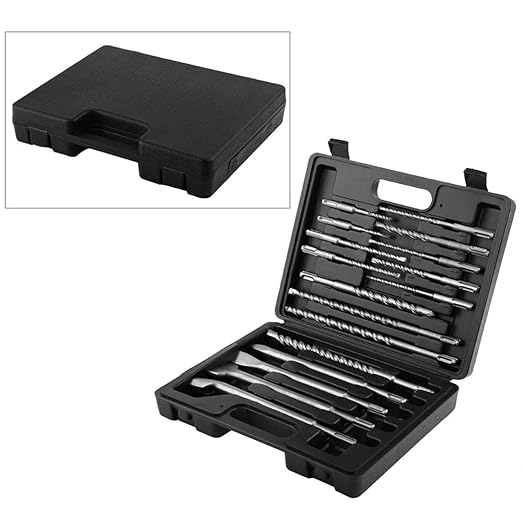 SagaSave 17 PCS Rotary Hammer SDS Plus Drill Bits & Chisel Set, Carbide Tipped Concrete Masonry Hole Tool with Storage Case for Drilling Concrete, Masonry, Bricks and Stone Black