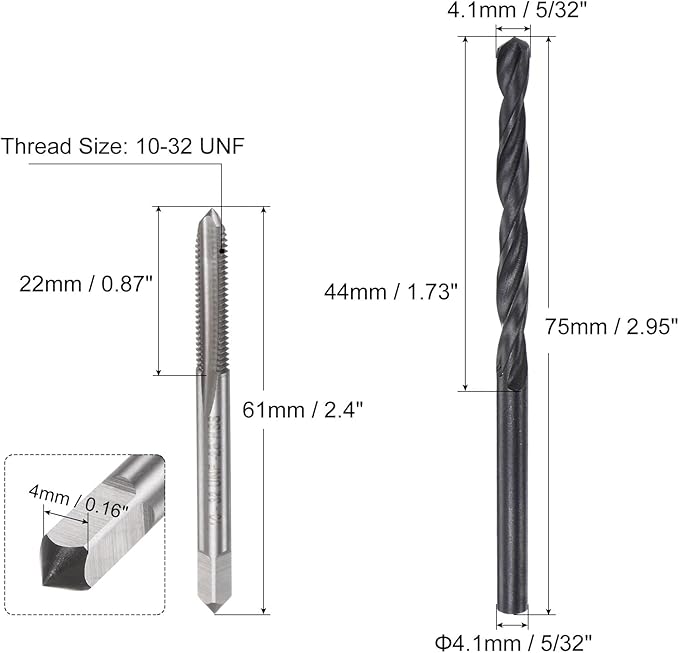 uxcell Tap and Drill Bit Set, 10-32 UNF Thread Tap & 5/32" Black Oxide Twist Drill Bit, Straight Flute Tap Tapping Threading Repair Tool Kit