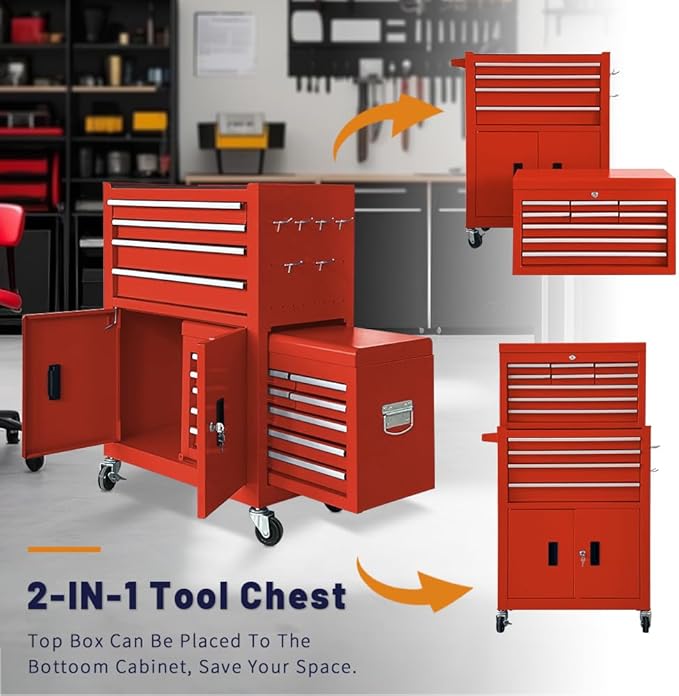 13-Drawer Rolling Tool Chest with Double Doors, 2 in 1 Detachable Rolling Tool Chest with Drawers, Metal Large Lockable Tool Box竊똌obile Tool Cabinet Combo for Garage Workshop (Red)
