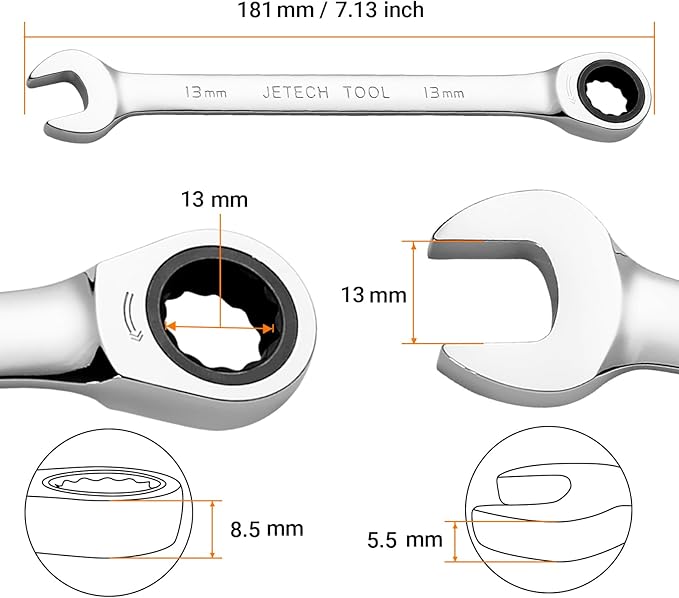 Jetech 13mm Ratcheting Combination Wrench Metric, Industrial Grade Gear Spanner with 12-Point Design 72-Tooth Ratchet, Forged and Heat-Treated Cr-V Steel,