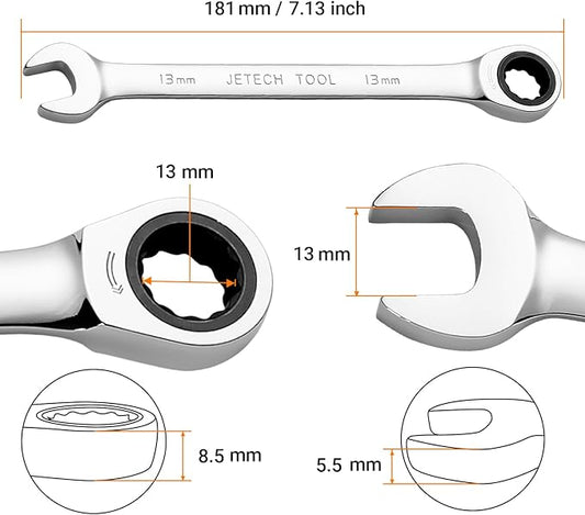 Jetech 13mm Ratcheting Combination Wrench Metric, Industrial Grade Gear Spanner with 12-Point Design 72-Tooth Ratchet, Forged and Heat-Treated Cr-V Steel,