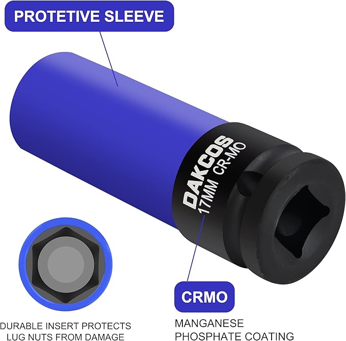 17mm Impact Lug Nut Socket, 1/2 inch Drive, With Protective Sleeves,CR-MO