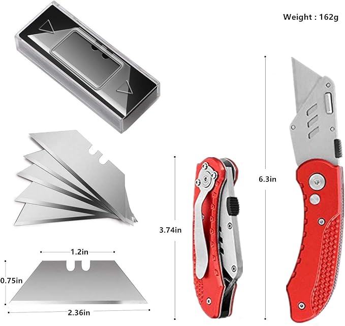 Folding Box Cutter Heavy Duty Utility Knife, Razor Knife, Lightweight Aluminum Handle, Back-lock Mechanism, Stainless Belt Clip, with 5-piece Extra SK5 Blades, for Carpet, Carton, Box, Cardboard Red