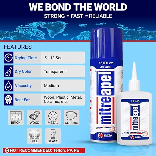 MITREAPEL CA Glue with Activator (2 x1.7oz-2 x 6.7floz)Instant Bond Professional Cyanoacrylate Adhesive and Super Glue Accelerator for Woodworking ,Ceramic,3D Printing,Glass, DIY&Craft, Plastic,Repair
