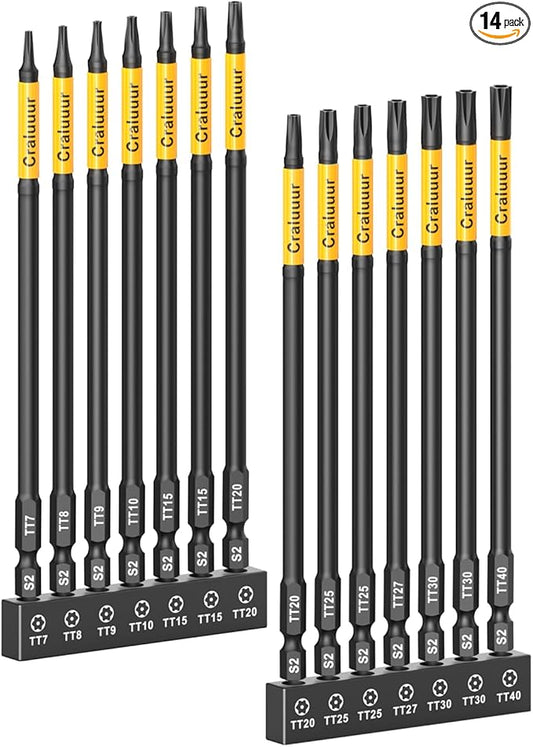 14PCS Impact Long Torx Bit Set, 6-Inch, T7?밫40, Tamper Proof Star Bits Set, Magnetic Security Torx Bit Set with 1/4 Inch Hex Shank, S2 Steel, Ideal for Automotive, DIY, Electronics