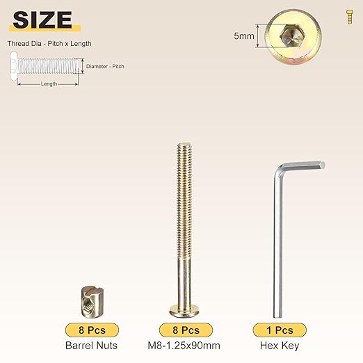 METALLIXITY Crib Screws Replacement Set(M8-1.25x90mm) 16Pcs with Wrench, Connector Bolt M8 Screw Barrel Nuts Binding Screws, for Chair Cabinet Bed, Yellow