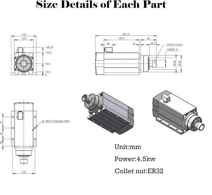 INTBUYING Spindle Motor 4.5KW/6HP 18000RPM High-Speed CNC Motor ER32 Collet Fan Cooling for Wood, Metal, Stone Plastic Carving Engraving and Milling 220V