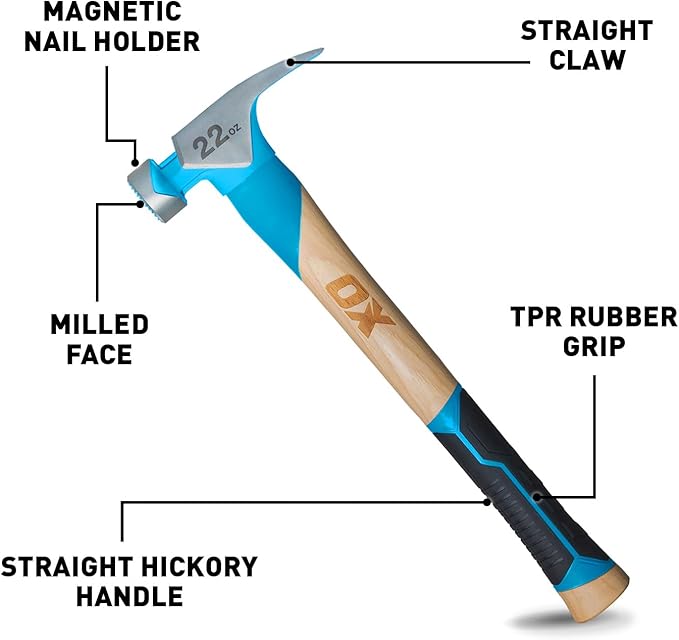 OX Tools Pro 22oz Straight Hickory Handle Hammer with TPR Rubber Hands Grip - Hickory Framer with Magnetic Nail Starter Milled Face Nail Puller Carpenter Hammer OX-P089322