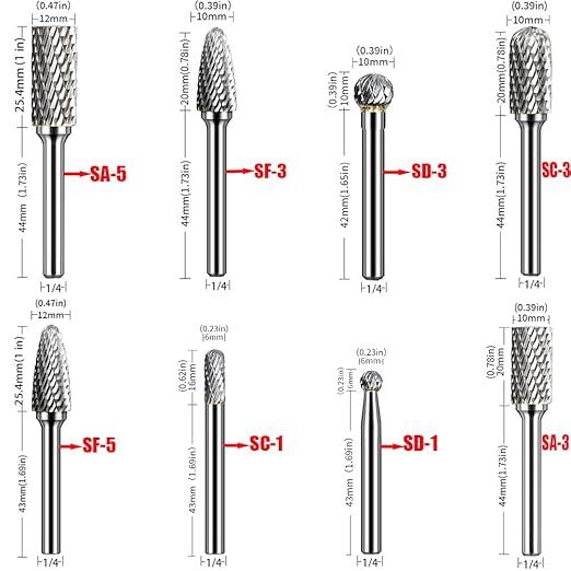 Carbide Burr Set 1/4'' Shank Die Grinder Bits Double Cut Solid Tungsten Carbide Rotary Files Bits for Die Grinder Metal Carving Polishing Drilling Milling Cutting (8pcs)