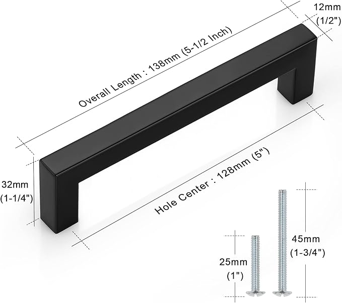 Probrico (30 Pack Black Cabinet Pulls Square Kitchen Cabinet Hardware 5 Inch(128mm) Hole Center Modern Drawer Handles Stainless Steel Matte Black Drawer Pulls for Cupboard