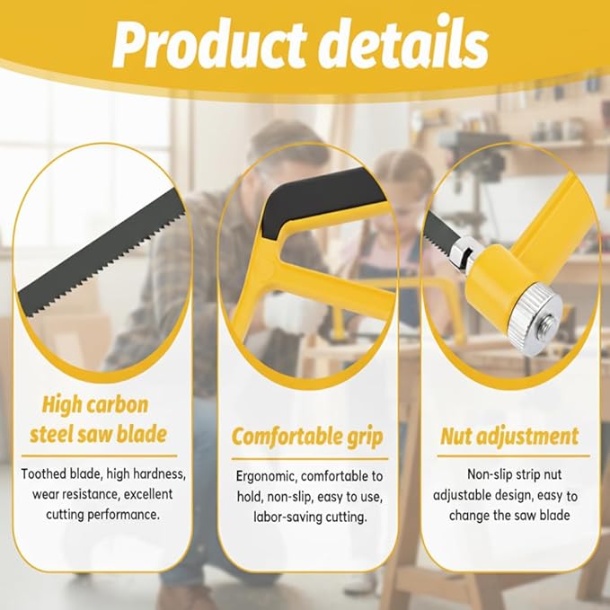 6 Inch Mini Hacksaw and Mitre Block Set, Adjustable Miter Box and Saw Set with 2 Spare Blades, Aluminum Cutting Saw Hack Saws for Woodworking, Hacksaw, Metal Cutting (Yellow)