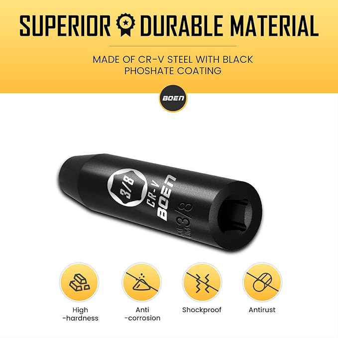 BOEN 1/2" Drive Deep Impact Socket,3/8 Inch Premium Socket,SAE,6 Point,Cr-V Steel with Laser Marking - Strong and Durable