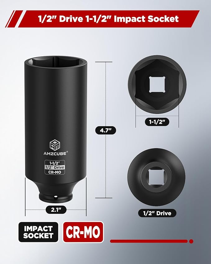 1/2" Drive 1-1/2" Deep Impact Socket, 4.7 Inch Anti-Break Cr-Mo Long Socket with 6-Point Radius Corner Design