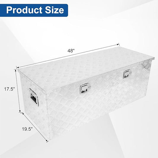confote 48 Inch Heavy Duty Aluminum Stripes Plated Tool Box Pick Up Truck Bed RV Trailer Toolbox Square Storage Organizer with Side Handle, Lock and Keys, Waterproof -48" x 19.5" x 17.5"，Silver