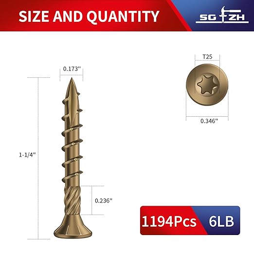 #8 x 1-1/4" Deck Screws (1194Pcs) 6lb. Carbon Steel, Yellow, Flat Head, Rust Resistant epoxy Coated, with T25 Star Bit