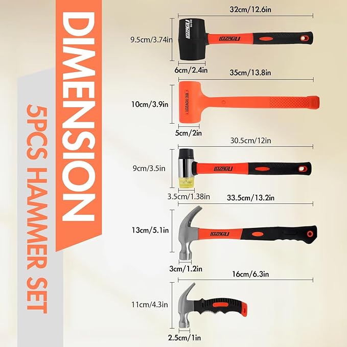 5-Piece Hammer Set, 2LB Dead Blow Hammer | 16oz Claw Hammer | 16oz Rubber Mallet | 35mm Double-Faced Soft Mallet | 8oz Small Hammer