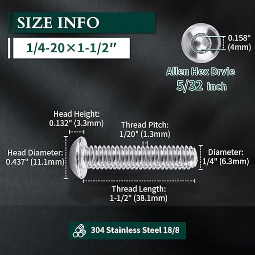 1/4-20 x 1-1/2" Button Head Socket Cap Bolts Screws, 304 Stainless Steel 18-8, Allen Hex Drive, Bright Finish, Fully Machine Thread, Pack of 50