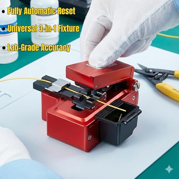 High Precision Fiber Optic Cleaver - Automatic One-Step Fiber Cutting Tool with ??.6째 Precision, 24-Point Tungsten Blade & Detachable Waste Box, 58,000+ Cuts