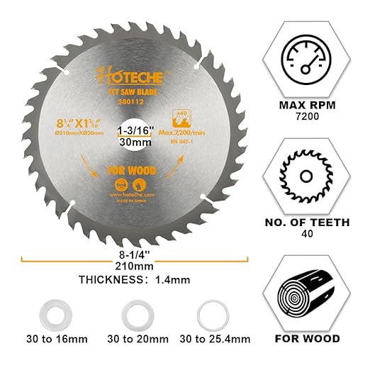 Hoteche 8-1/4-Inch Circular Saw Blade for Wood 40-Tooth Tungsten Carbide-Tipped Blade High-Performance Professioal Saw Blade for Miter Saw and Table Saws with 1-inch, 13/16-inch, 5/8-inch Arbor