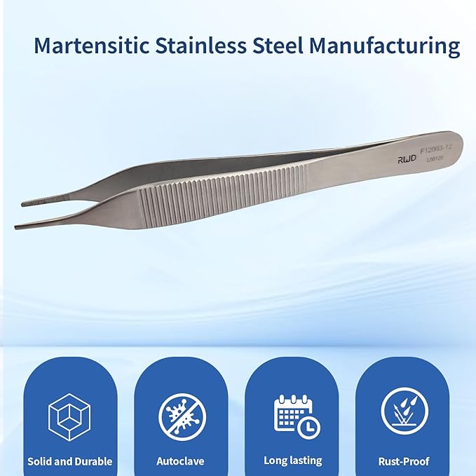 RWD ADSON Dressing Forceps 4.7", 1.5mm Width Serrated Straight Tip, Martensitic Stainless Steel Micro Forceps Tweezer, Surgical Tweezer for High-Precision Handling (F12003-12)(Optimized of F12032-11)