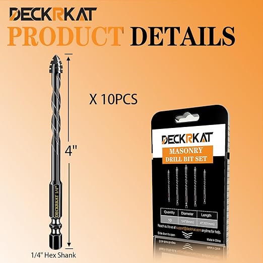 DECKRKAT Upgraded 10-Pack 1/4 Inch Black 4-Flute Serrated Masonry Drill Bits - Concrete, Tile, Glass, Brick, Ceramic, Plastic, Wood