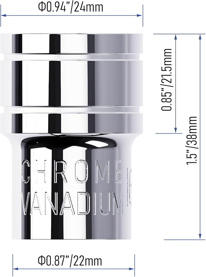 17mm Shallow Socket, 1/2 Inch Drive, 6-Point, Metric, Heat Treated CR-V Steel Short Sockets, Full Polishing, 1.5 Inch Length