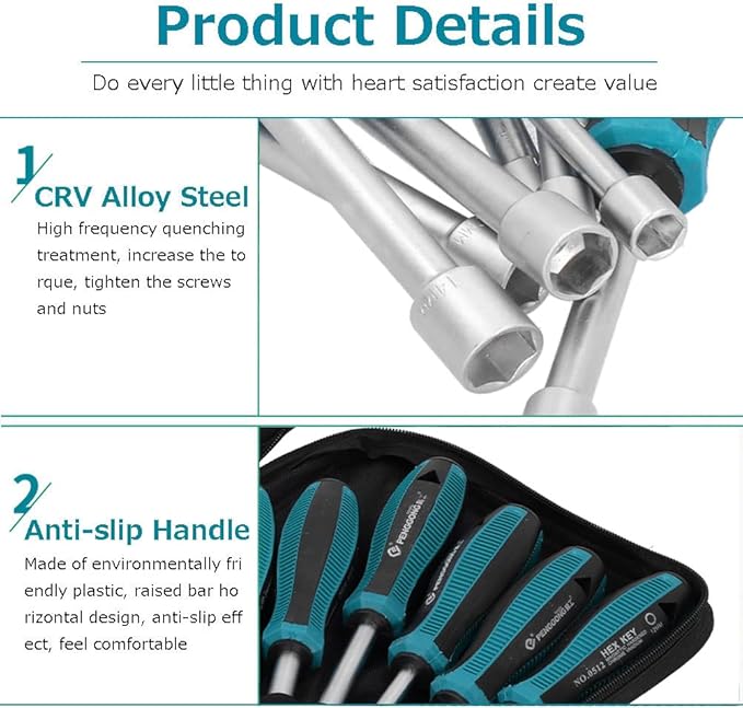 8Pcs Hex Nut Driver Set, 7mm-14mm Chrome Vanadium Alloy Steel Deep Hole Socket Wrench Screwdriver with Non-Slip Handle Screw Fastening Tool, with PE Bag Packaging