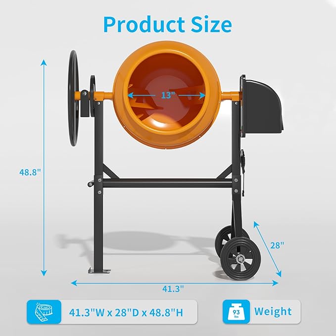 4.5 Cu.Ft. Electric Cement Mixer, 105L Dumb Portable Concrete Mixer with wheel&Stand,120V Mortar For Concreat,Mortar,Feeds and Seeds, Orange