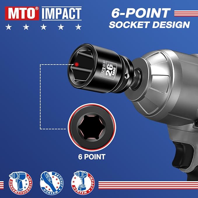 MTO 1/2" Drive 26mm Shallow Impact Socket, 6-Point Metric Socket, CR-MO Steel & Anti-Corrosion Coating for Tight Spaces and Heavy-Duty Tasks