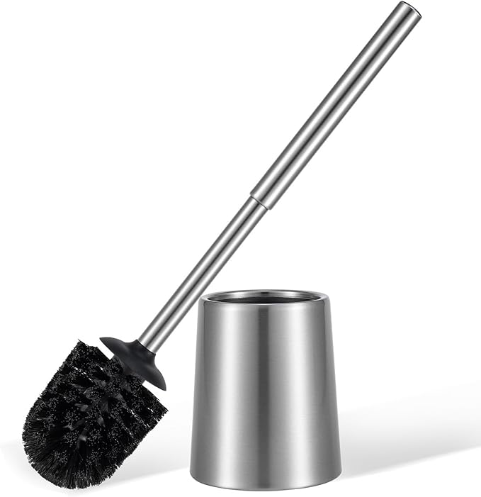 Stainless Steel Toilet Brush and Holder Toilet Brush and Cases Bathroom Bowl Cleaning Brush Double Layer Holder Long Brush Handle High Density Bristles Silver
