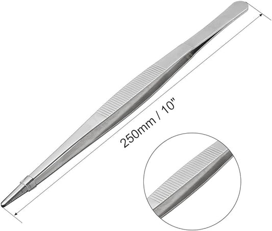 uxcell 1 Pcs 10-Inch Stainless Steel Straight Blunt Tweezers Serrated Tip Daily Garden Tool