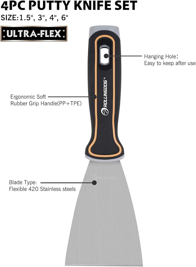 ROLLINGDOG 4PC Putty Knife Set(1.5",3",4",6") - Putty Knives Spackle Knife Great for Putty Scraper, Cleaning, Spreading on Drywall Repairs