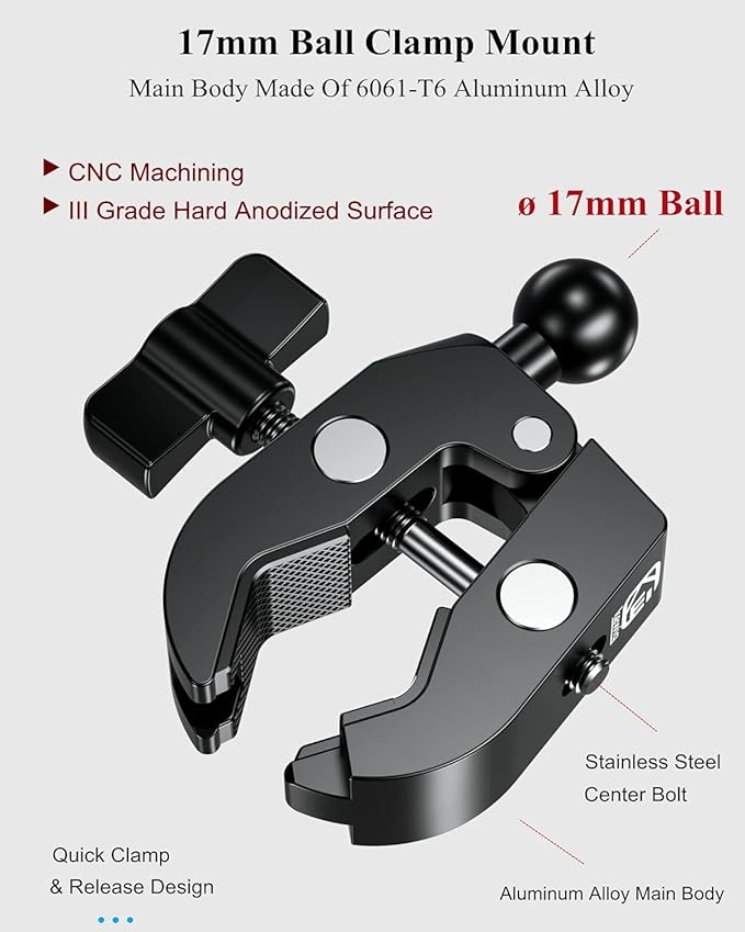 BRCOVAN 17mm Ball Clamp Mount Base with Aluminum Alloy Tough-Claw, Fit Handlebar Rail 0.5'' to 1.75'' in Diameter, Fit Bike Motorcycle Phone Mount Holder with 17mm Ball Socket & Double Socket Arm