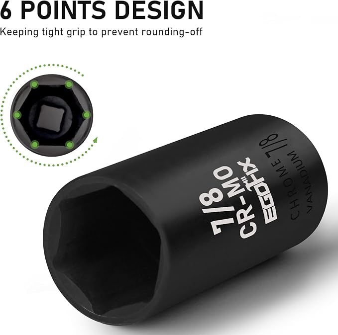 3/8" Drive Deep Impact Socket, 7/8 Inch SAE Socket, CR-MO 6 Point for Easy Removal of Axle Nut