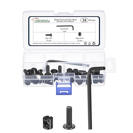 METALLIXITY Furniture Crib Screws Replacement Set with Wrench(M6-1x20mm) 24Pcs, Galvanization Connector Bolt M6 Screw Barrel Nuts Binding Screws, for Chair Cabinet Bed, Black
