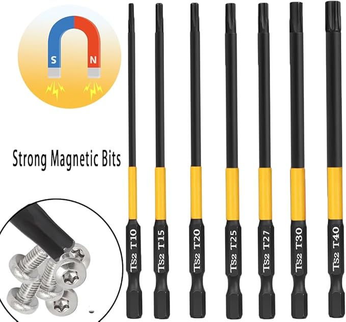 7pcs Impact Security Torx Bit Set, T10 to T40 Tamper Proof Star Bits 3.94 Inch Long, S2 Alloy Steel Magnetic Screwdriver Bits with 1/4" Hex Shank for High Torque Drill Driver, Automotive, Electronics