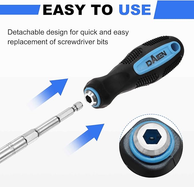 HARFINGTON Metric Nut Driver 5.5mm CR-V Non-Magnetic Detachable Tip Hollow Shafts Hex Socket Screwdriver with Anti-Slip Handle for Automobile Repair Bit Driver, Blue/Black