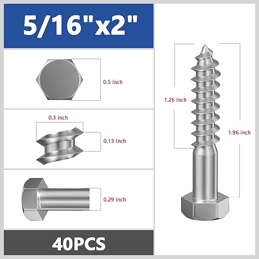 Lag Screws Wood Screws (40PCS, 5/16"x2", Silver) Hex Head Lag Bolts,(8x50) Heavy Duty Lag Screws,304 Stainless Steel Bolts 18-8