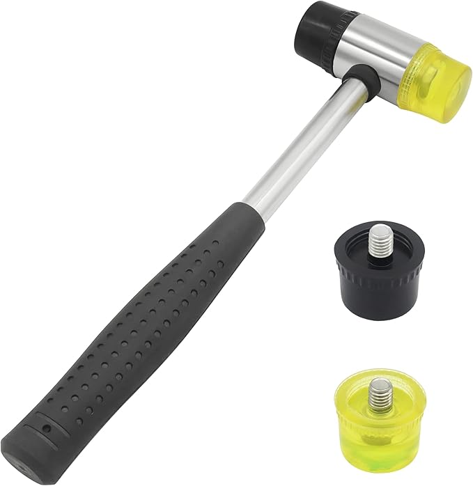 30mm 9oz Double-Faced Rubber Hammer with 4 Soft/Hard Tips Mallet Non-Slip Grip for Leather Crafts, Woodworking and Flooring Installation（Black and Yellow）