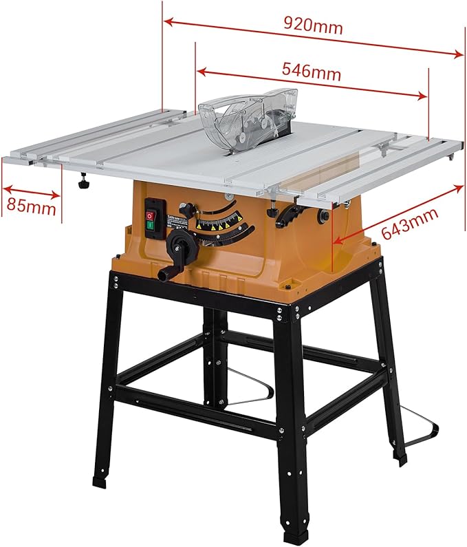 Table Saw, 10 Inch 15A Multifunctional Saw With Stand & Push Stick, 90째 Cross Cut & 0-45째 Bevel Cut, 5000RPM, Adjustable Blade Height for Woodworking, Orange