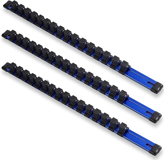 ALOANES 3-Piece 1/2-Inch Drive Aluminum Alloy Socket Organizer, Heavy Duty Socket Racks, Socket Holder Kit for Toolbox Drawer Fit 1/2-Inch x 48 Clips (Blue)